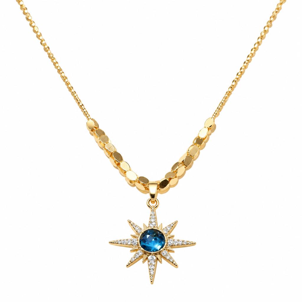 Vintage Blue Crystal 8-Pointed Star Necklace, Luxury Dainty Clavicle Chain, Ideal Gift for Women's Costume Jewelry