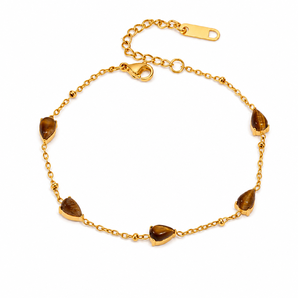18K Gold PVD Plated Stainless Steel Teardrop Natural Gemstone Bracelet, Lapis Lazuli & Tiger's Eye Beaded Chain Bracelet, Waterproof Hypoallergenic Dainty Bracelet for Women, 2 Colors Available