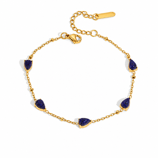 18K Gold PVD Plated Stainless Steel Teardrop Natural Gemstone Bracelet, Lapis Lazuli & Tiger's Eye Beaded Chain Bracelet, Waterproof Hypoallergenic Dainty Bracelet for Women, 2 Colors Available