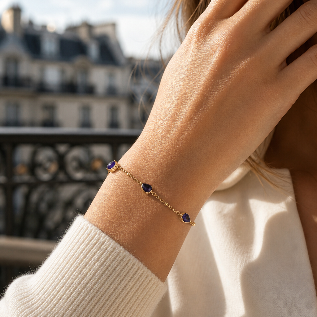 18K Gold PVD Plated Stainless Steel Teardrop Natural Gemstone Bracelet, Lapis Lazuli & Tiger's Eye Beaded Chain Bracelet, Waterproof Hypoallergenic Dainty Bracelet for Women, 2 Colors Available