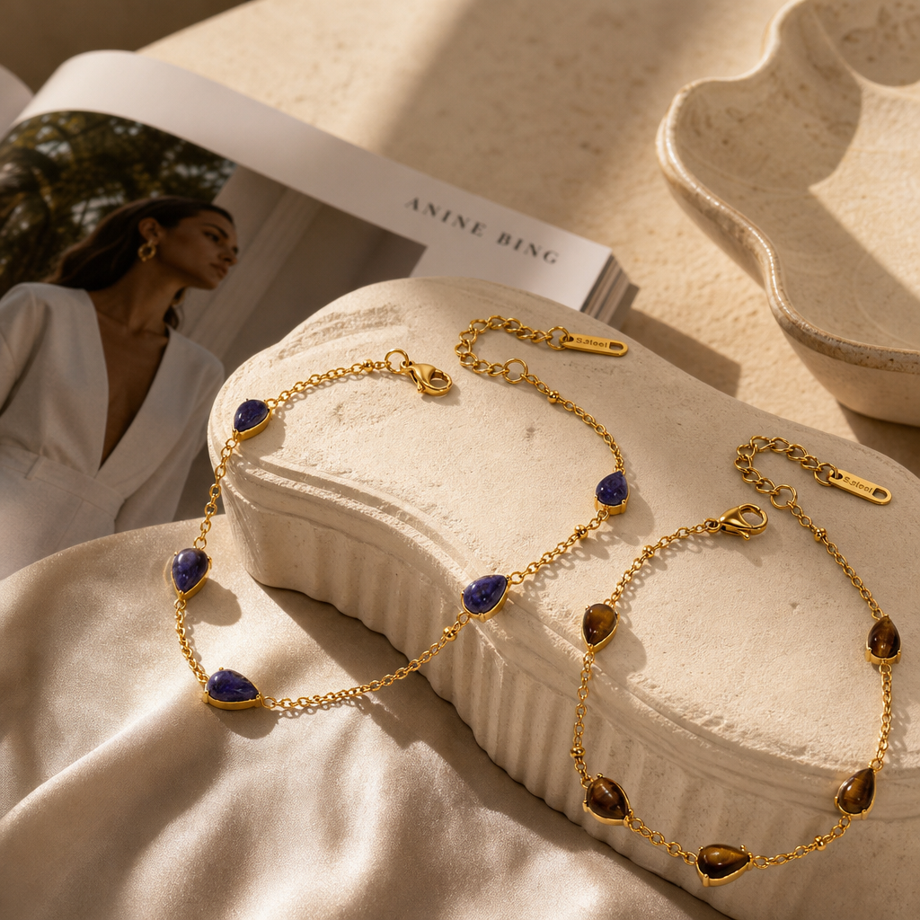 18K Gold PVD Plated Stainless Steel Teardrop Natural Gemstone Bracelet, Lapis Lazuli & Tiger's Eye Beaded Chain Bracelet, Waterproof Hypoallergenic Dainty Bracelet for Women, 2 Colors Available