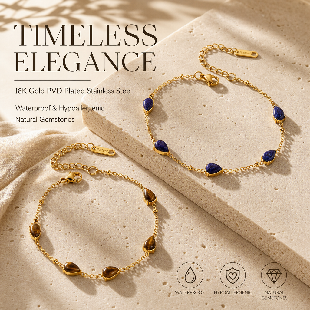 18K Gold PVD Plated Stainless Steel Teardrop Natural Gemstone Bracelet, Lapis Lazuli & Tiger's Eye Beaded Chain Bracelet, Waterproof Hypoallergenic Dainty Bracelet for Women, 2 Colors Available